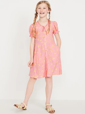 Printed Short-Sleeve Button-Front Fit and Flare Dress for Girls