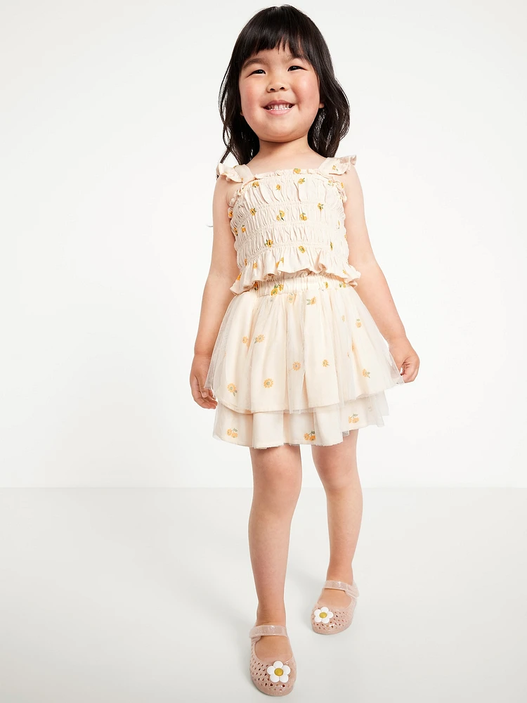 Printed Sleeveless Smocked Top and Tulle Skirt Set for Toddler Girls