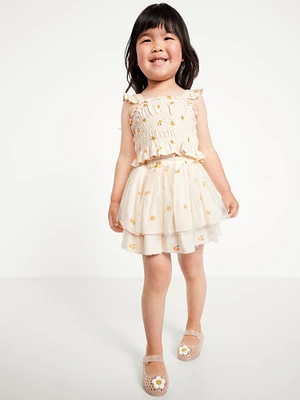 Printed Sleeveless Smocked Top and Tulle Skirt Set for Toddler Girls