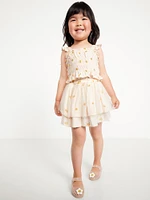 Printed Sleeveless Smocked Top and Tulle Skirt Set for Toddler Girls