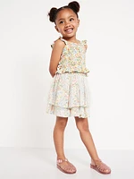 Printed Sleeveless Smocked Top and Tulle Skirt Set for Toddler Girls