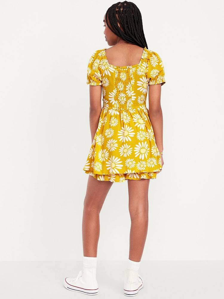Printed Puff-Sleeve Smocked Dress for Girls