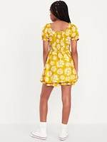 Printed Puff-Sleeve Smocked Dress for Girls