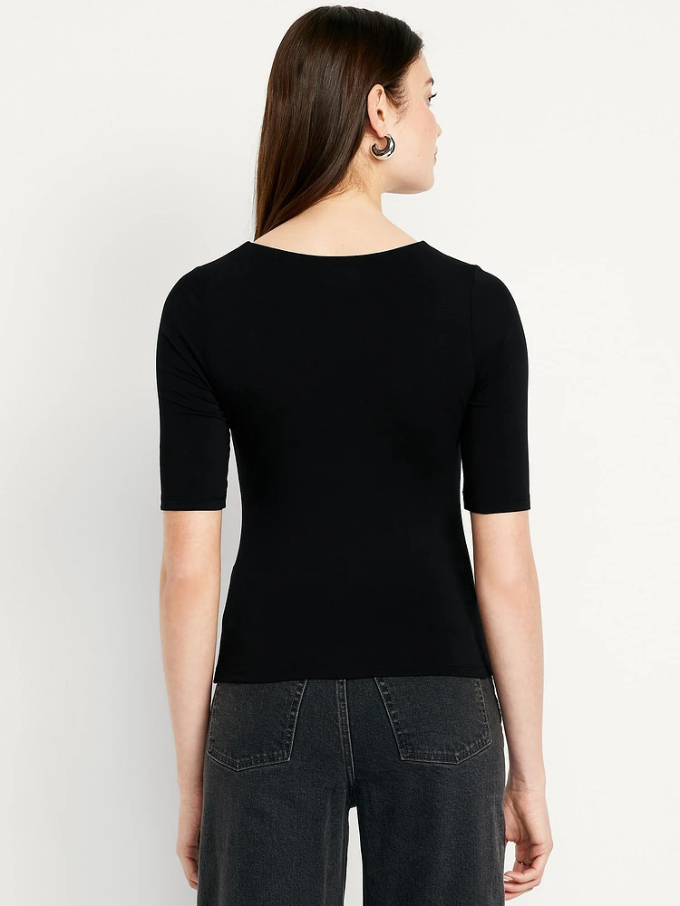 Double-Layer Elbow-Sleeve Scoop-Neck T-Shirt