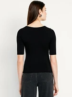 Double-Layer Elbow-Sleeve Scoop-Neck T-Shirt