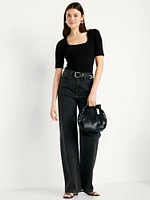 Double-Layer Elbow-Sleeve Scoop-Neck T-Shirt