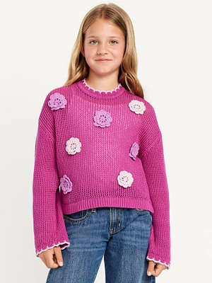 Long-Sleeve Crochet-Floral Sweater for Girls