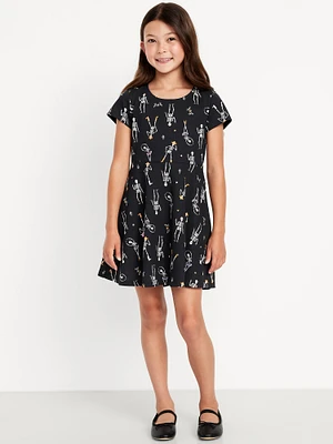 Printed Short-Sleeve Fit and Flare Dress for Girls