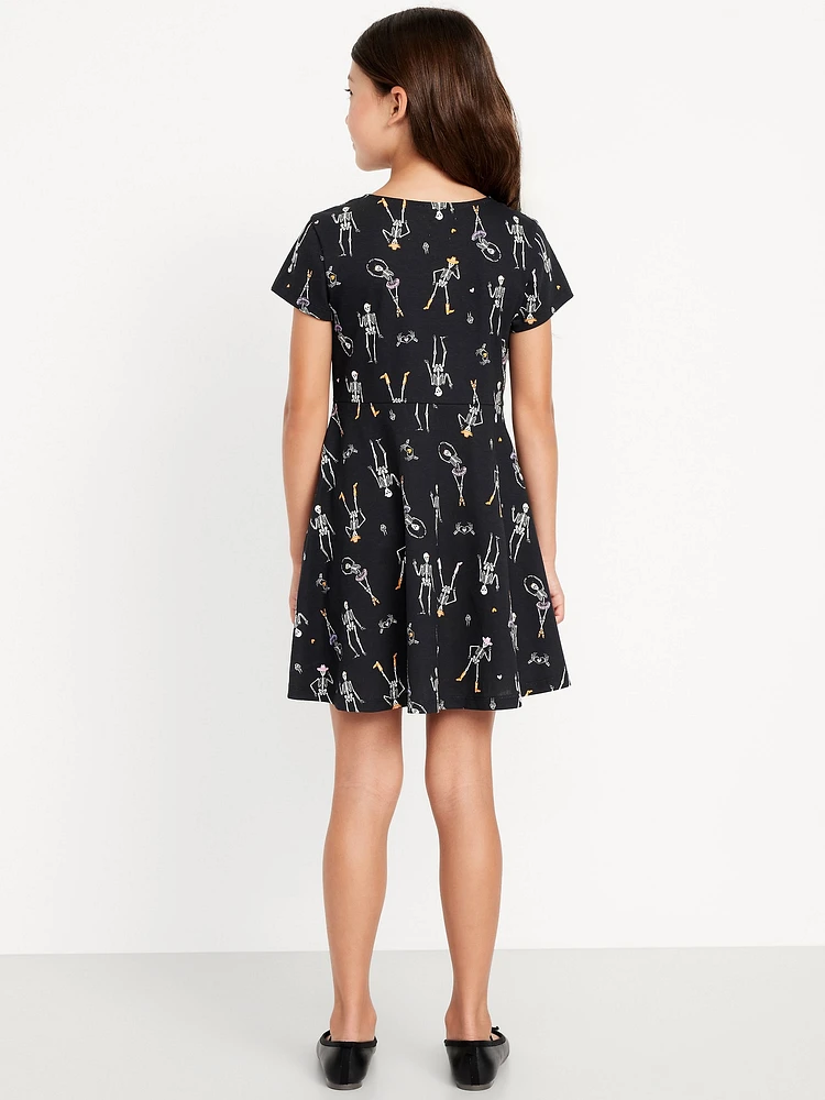 Printed Short-Sleeve Fit and Flare Dress for Girls