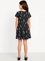 Printed Short-Sleeve Fit and Flare Dress for Girls
