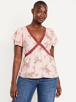 Lace-Trim V-Neck Crepe Top