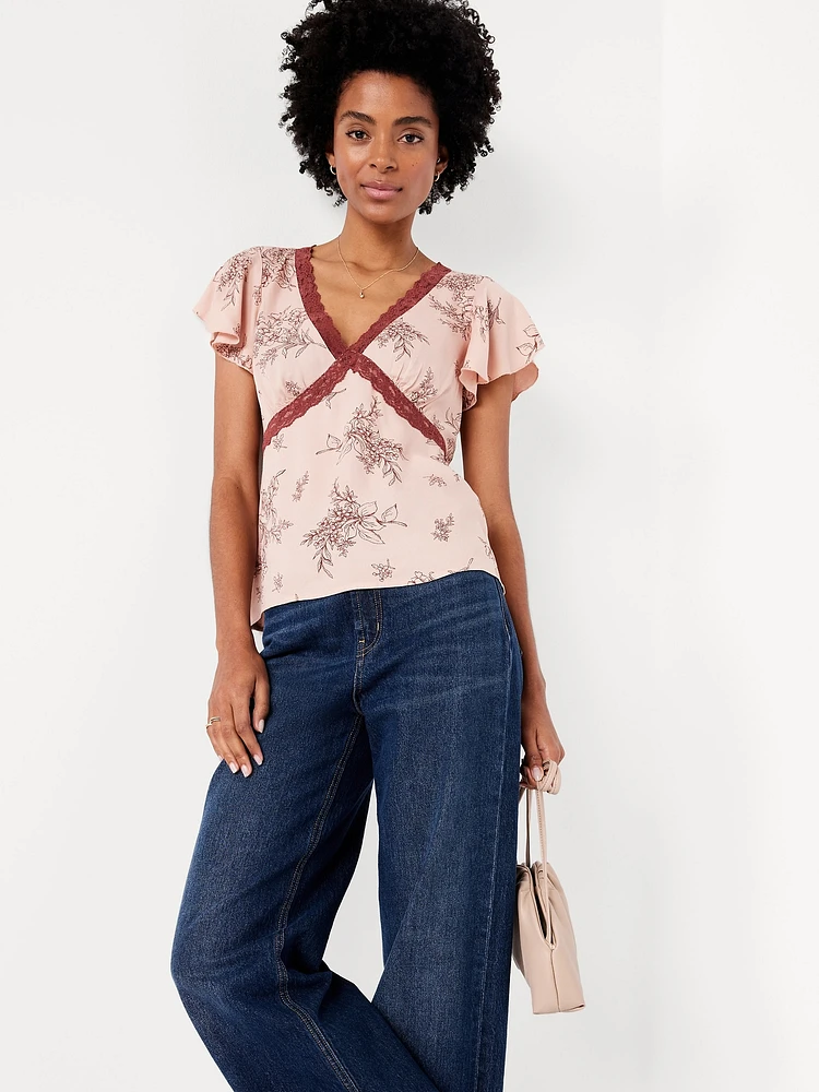 Lace-Trim V-Neck Crepe Top