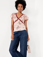 Lace-Trim V-Neck Crepe Top