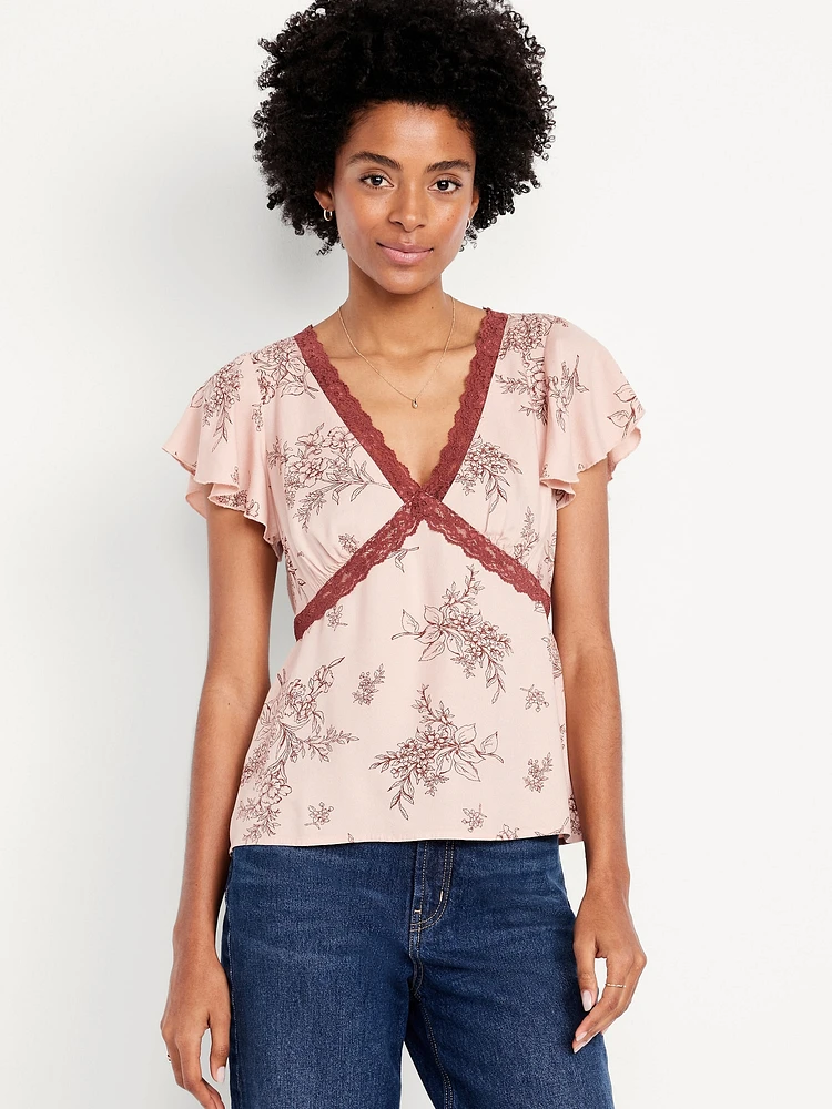 Lace-Trim V-Neck Crepe Top