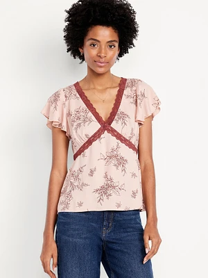 Lace-Trim V-Neck Crepe Top