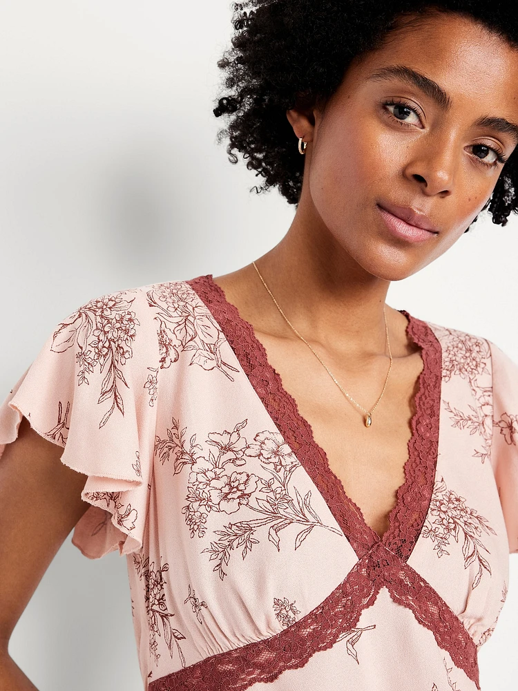 Lace-Trim V-Neck Crepe Top