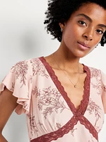 Lace-Trim V-Neck Crepe Top