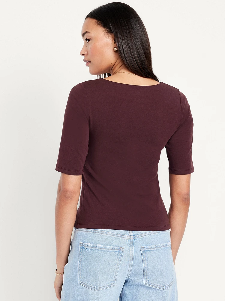 Double-Layer Elbow-Sleeve Scoop-Neck T-Shirt