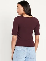 Double-Layer Elbow-Sleeve Scoop-Neck T-Shirt