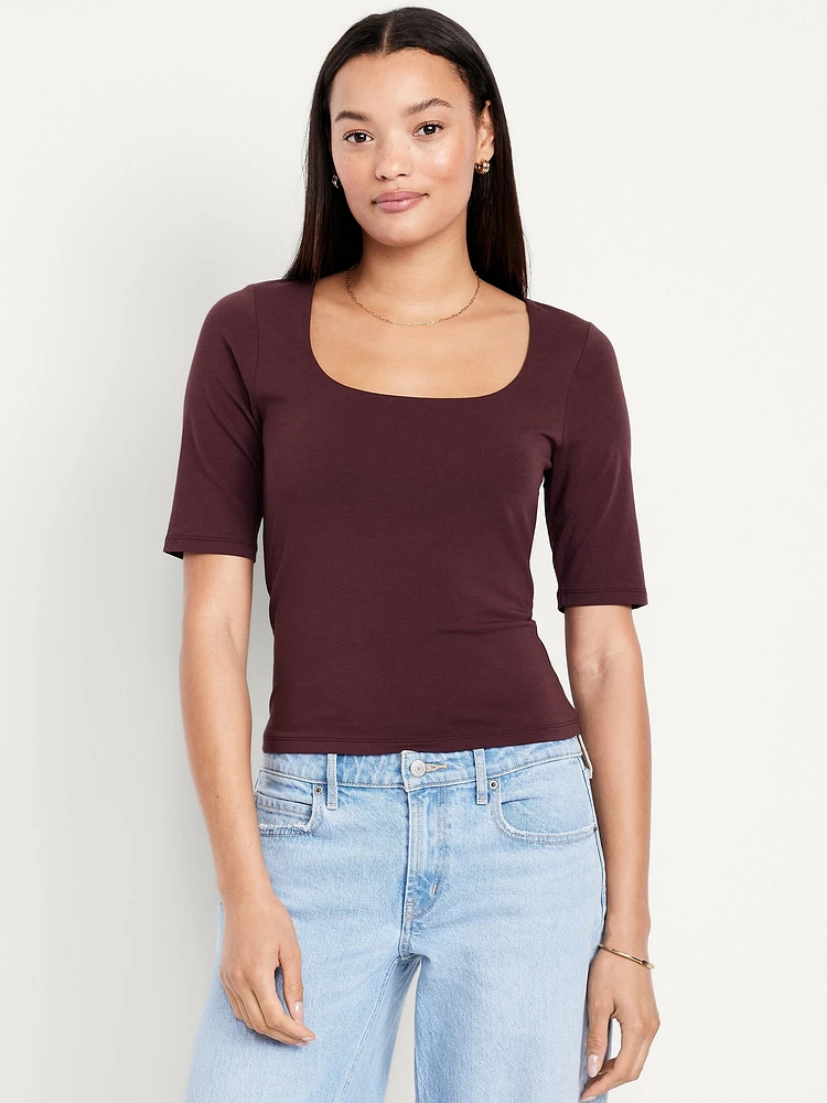Double-Layer Elbow-Sleeve Scoop-Neck T-Shirt