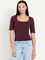 Double-Layer Elbow-Sleeve Scoop-Neck T-Shirt