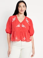 Crinkle Gauze Button-Down Embroidered Top