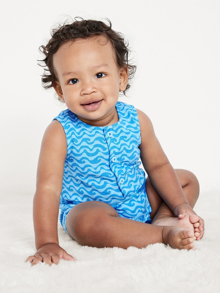 Sleeveless Linen-Blend Henley One-Piece Romper for Baby