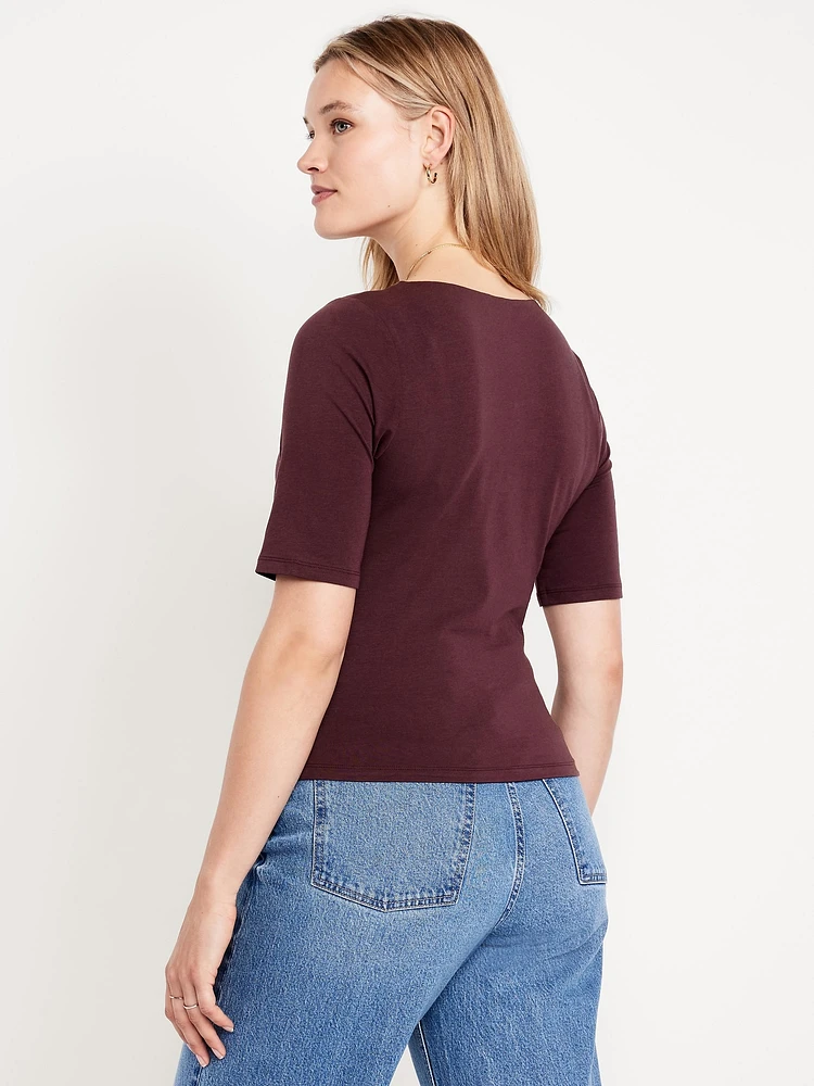 Double-Layer Elbow-Sleeve Scoop-Neck T-Shirt