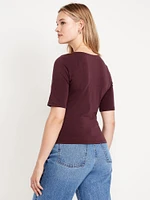 Double-Layer Elbow-Sleeve Scoop-Neck T-Shirt