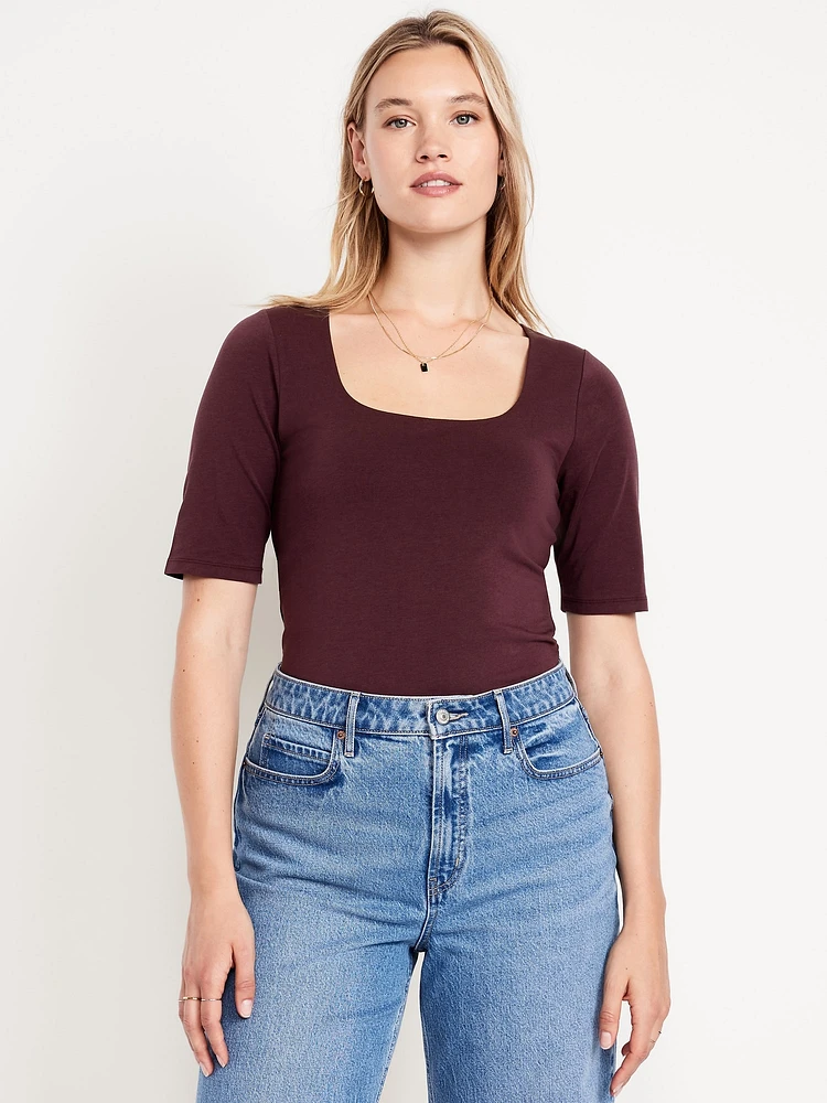 Double-Layer Elbow-Sleeve Scoop-Neck T-Shirt