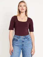 Double-Layer Elbow-Sleeve Scoop-Neck T-Shirt