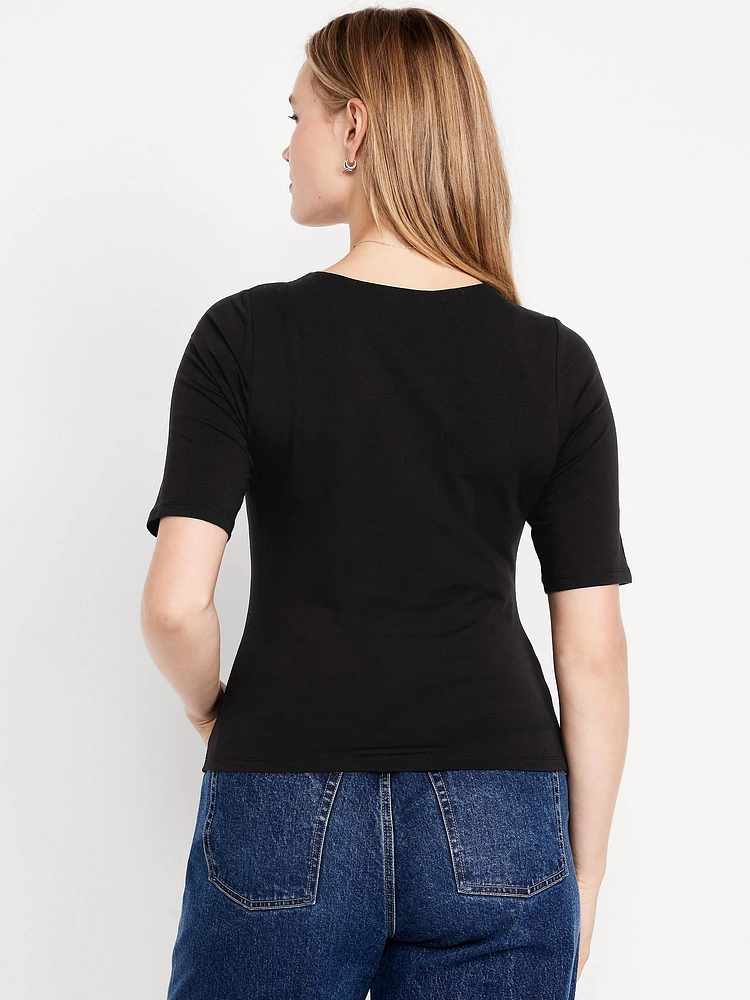 Double-Layer Elbow-Sleeve Scoop-Neck T-Shirt