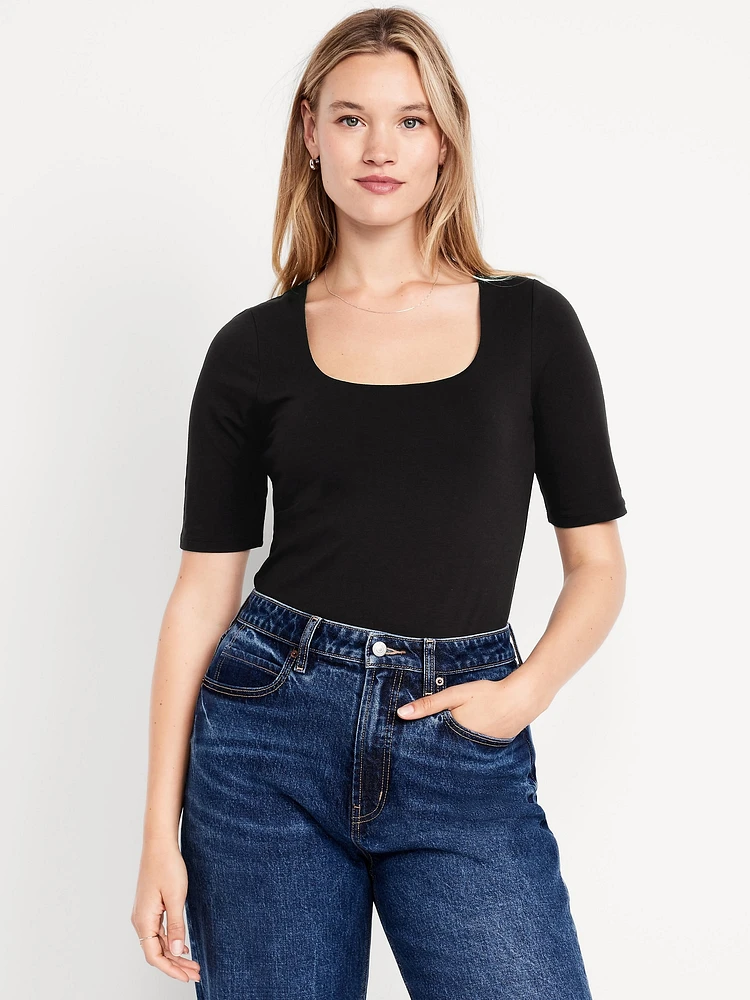 Double-Layer Elbow-Sleeve Scoop-Neck T-Shirt