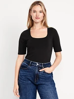 Double-Layer Elbow-Sleeve Scoop-Neck T-Shirt