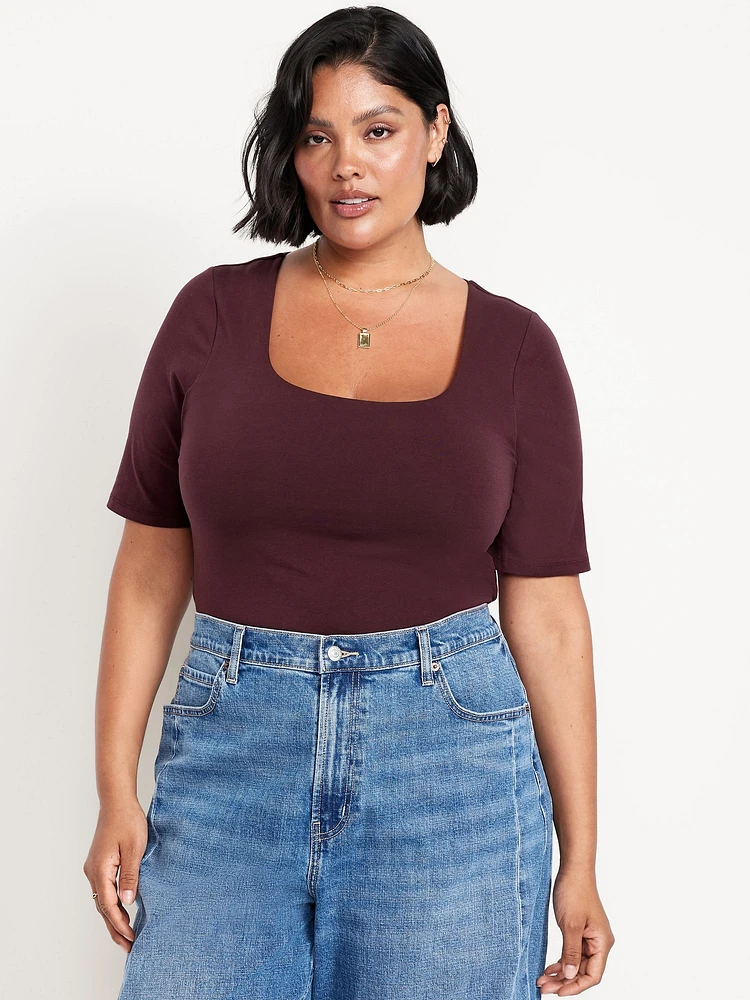 Double-Layer Elbow-Sleeve Scoop-Neck T-Shirt