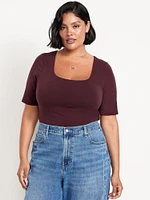 Double-Layer Elbow-Sleeve Scoop-Neck T-Shirt