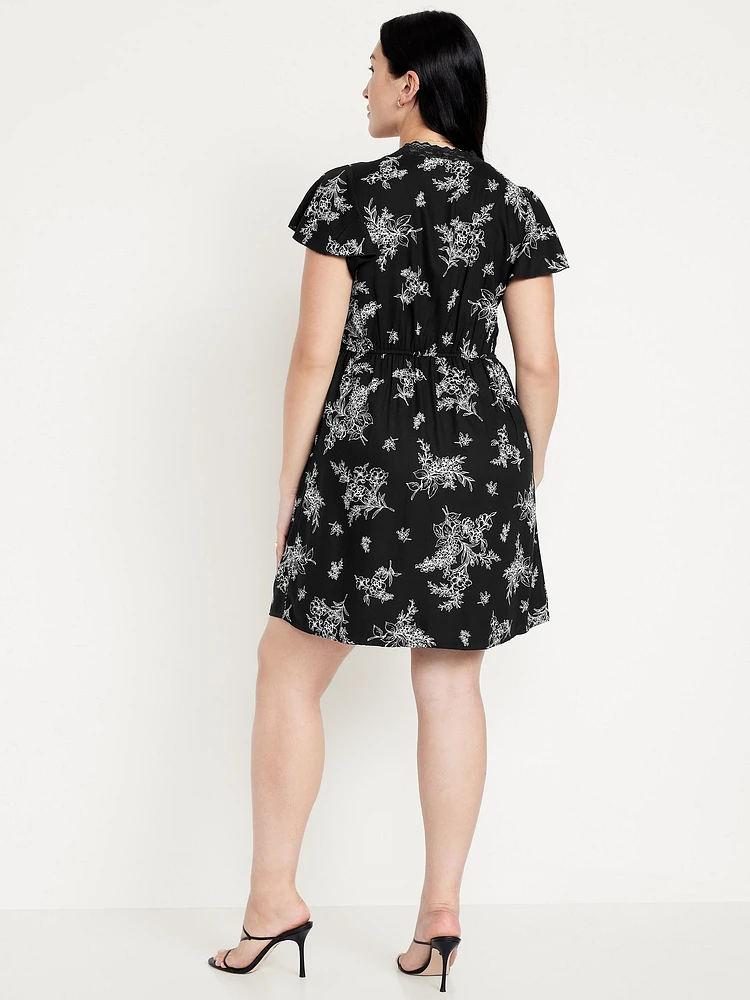 Fit & Flare Crepe Lace-Trim Mini Dress