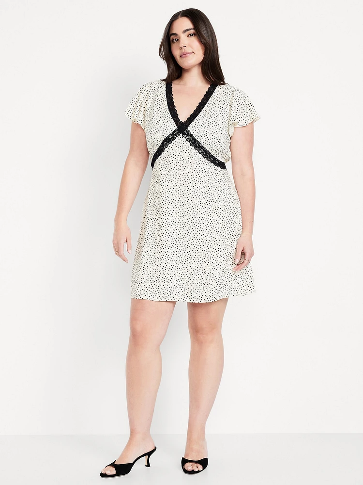 Fit & Flare Crepe Lace-Trim Mini Dress