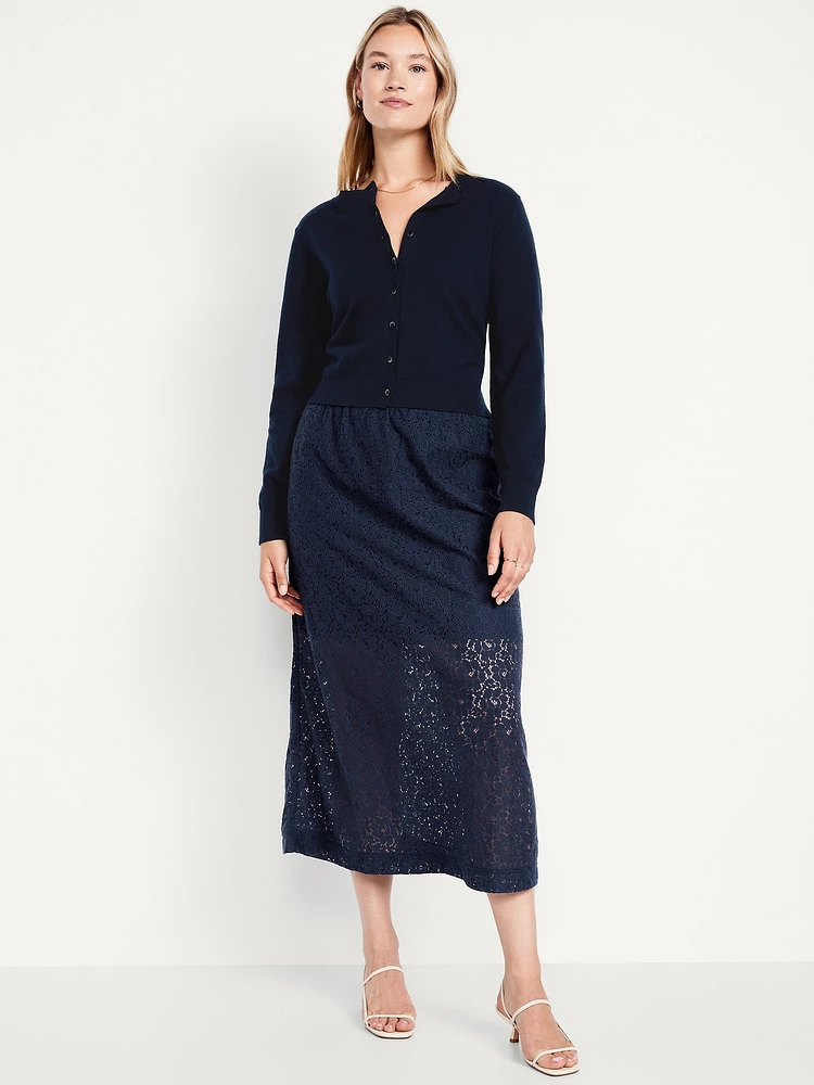 High-Waisted Lace Midi Skirt