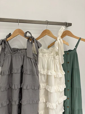 Grey Ruffle Shoulder Tie Dress