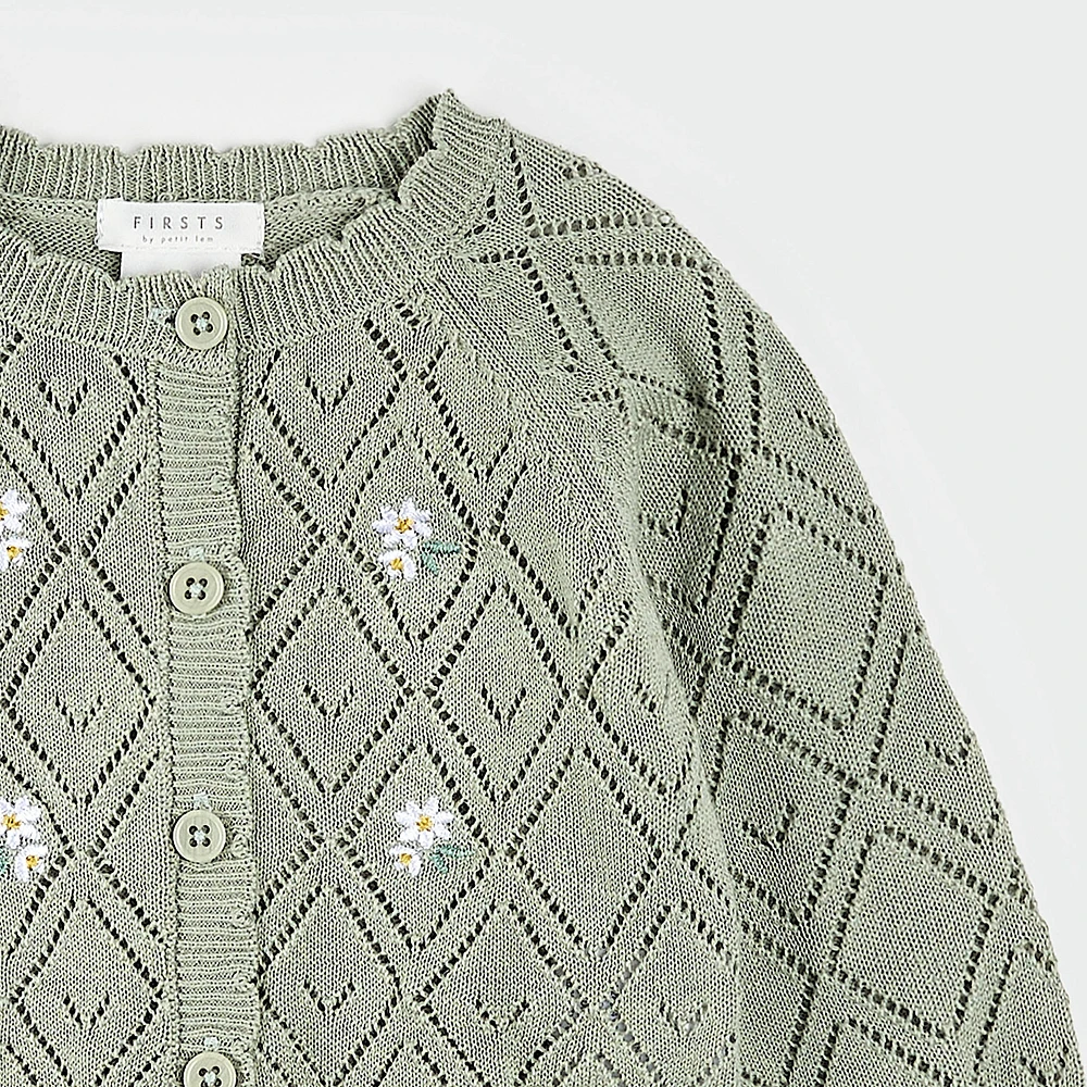 Sage Floral Pointelle Knit Cardigan