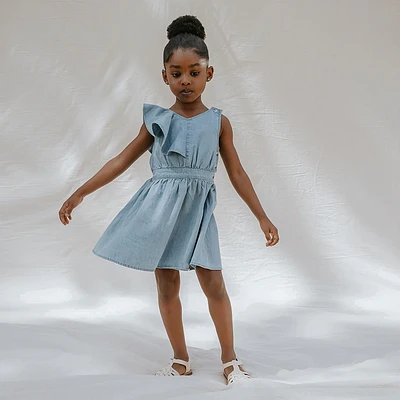Sky Ruffled Chambray Dress