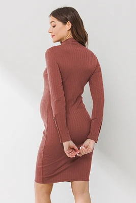 Rust Mock Neck Button Sleeve Maternity Dress