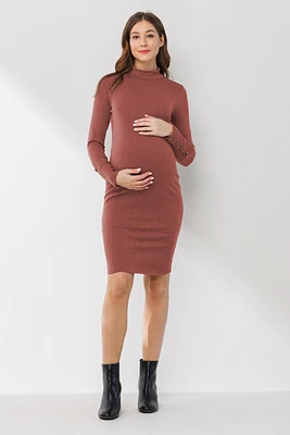 Rust Mock Neck Button Sleeve Maternity Dress
