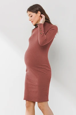 Rust Mock Neck Button Sleeve Maternity Dress
