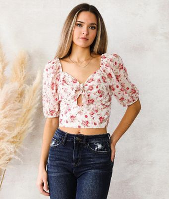 A. Peach Floral Front Tie Chiffon Cropped Top