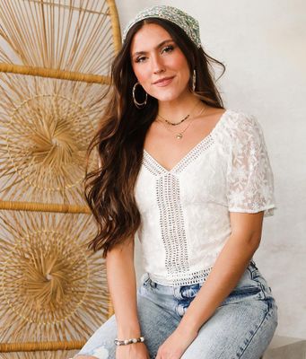 A. Peach Crochet Lace Cropped Top