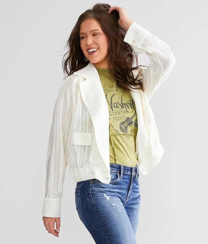 A. Peach Crochet Cropped Jacket