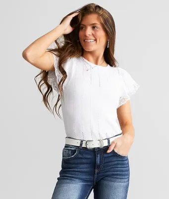 A. Peach Lace Trim Top