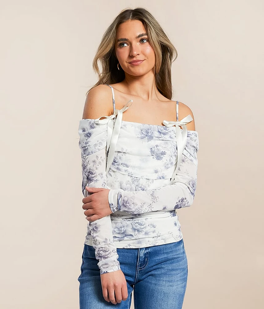 Willow & Root Floral Mesh Ruched Top